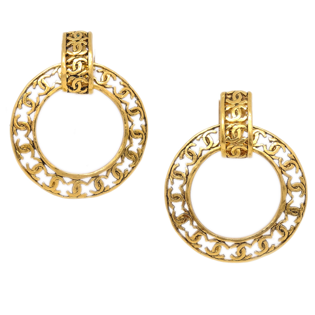 Luxury Chanel Gold Dangle Hoop Earrings Clip-On 25