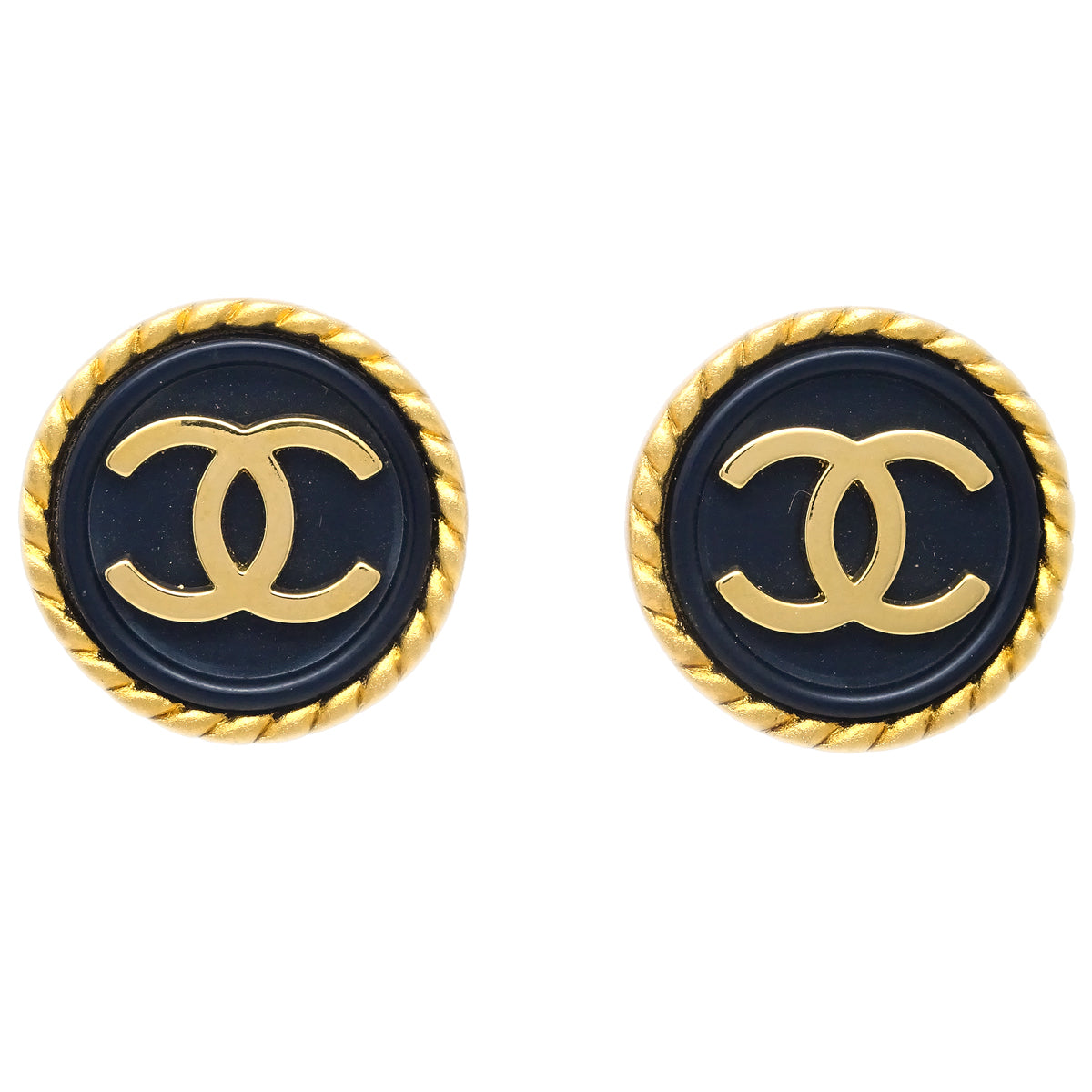 Luxury Chanel Black & Gold Rope Edge Earrings Clip-On