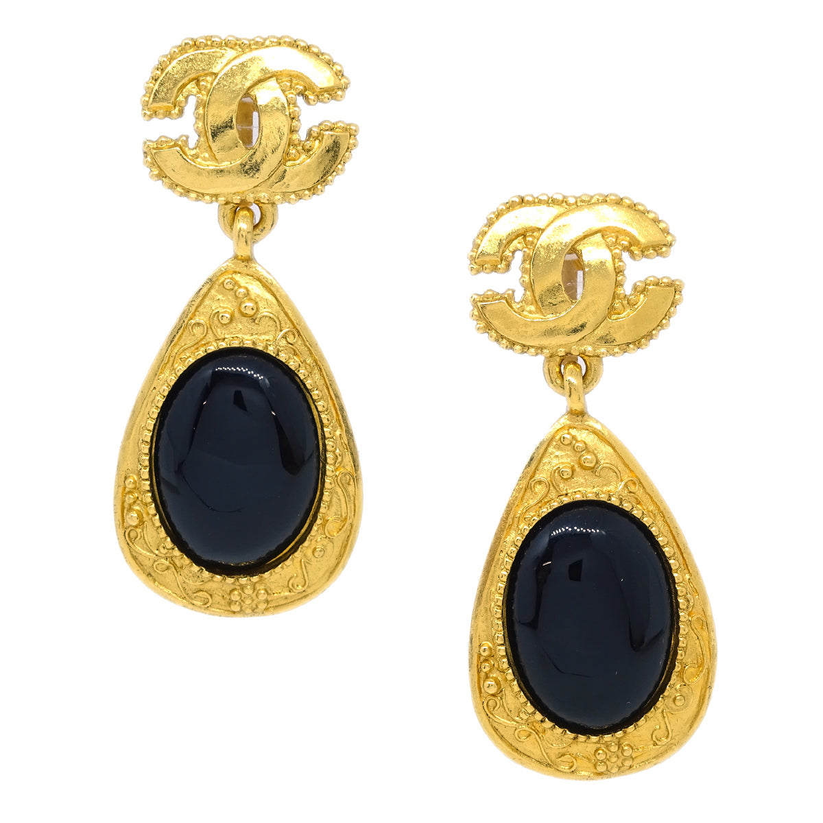 Luxury Chanel Stone Dangle Earrings Clip-On Gold Black 96A