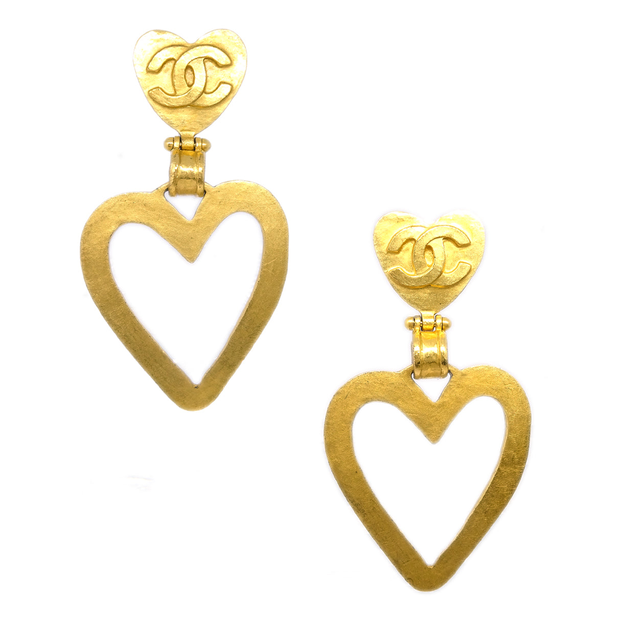 Luxury Chanel Heart Dangle Hoop Earrings Gold Clip-On 95P