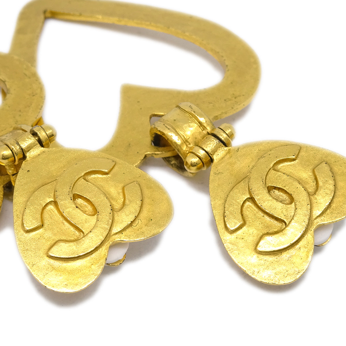 Luxury Chanel Heart Dangle Hoop Earrings Gold Clip-On 95P