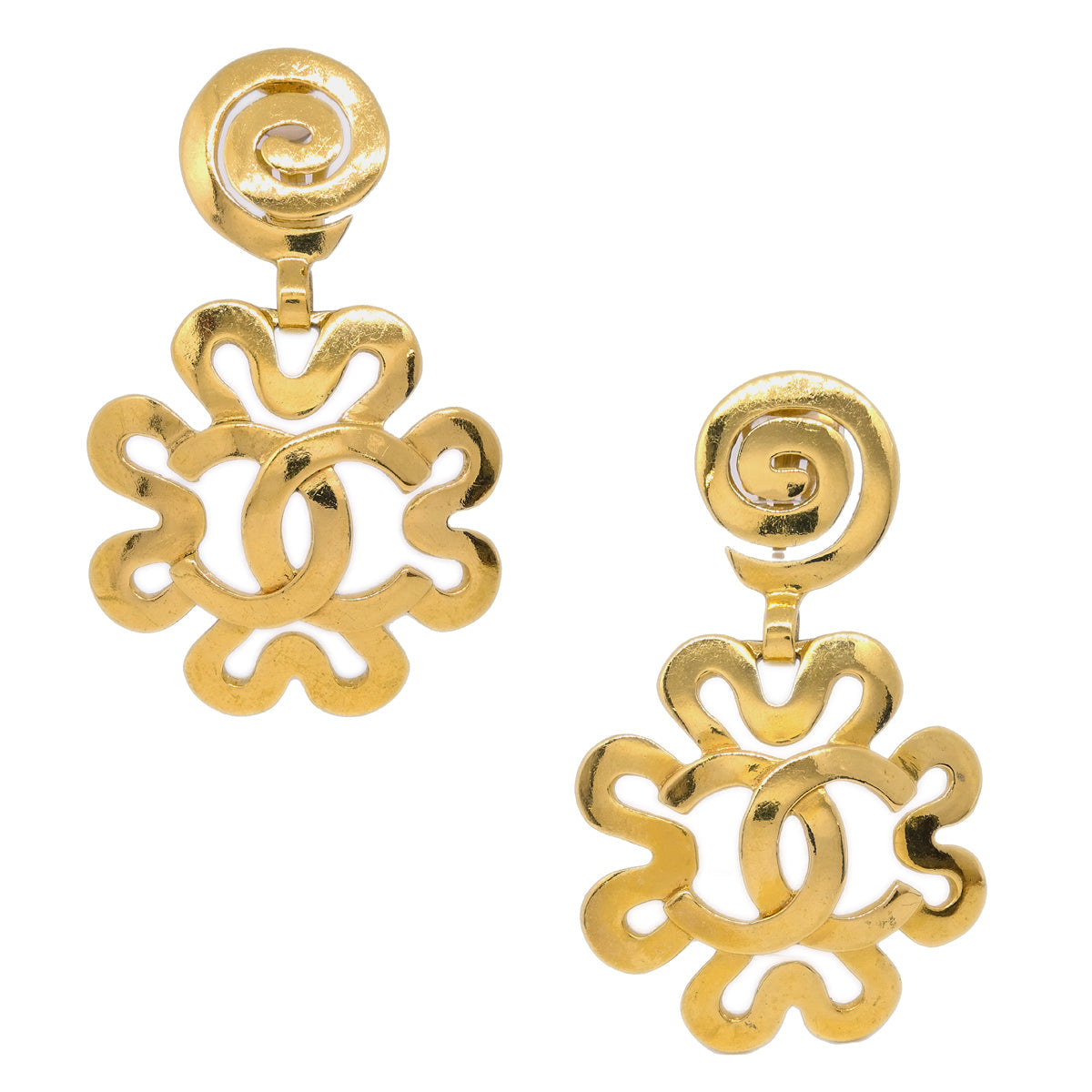 Luxury Chanel Flower Dangle Earrings Clip-On Gold 95P