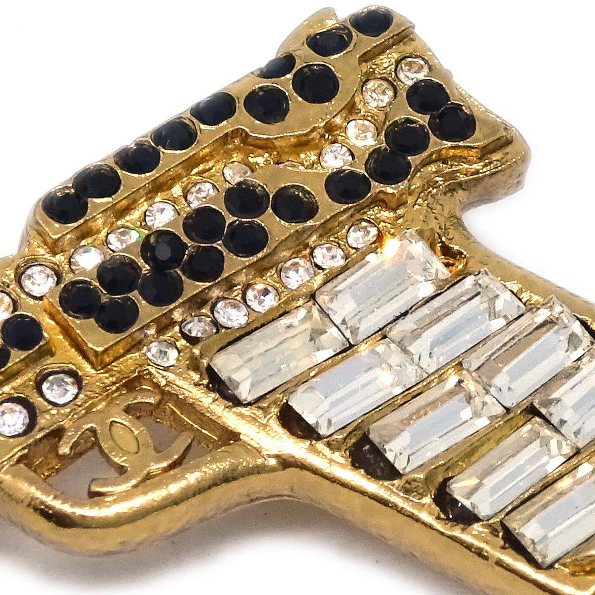 Luxury Chanel Gun Brooch Pin Rhinestone Artificial Pearl Gold 01A