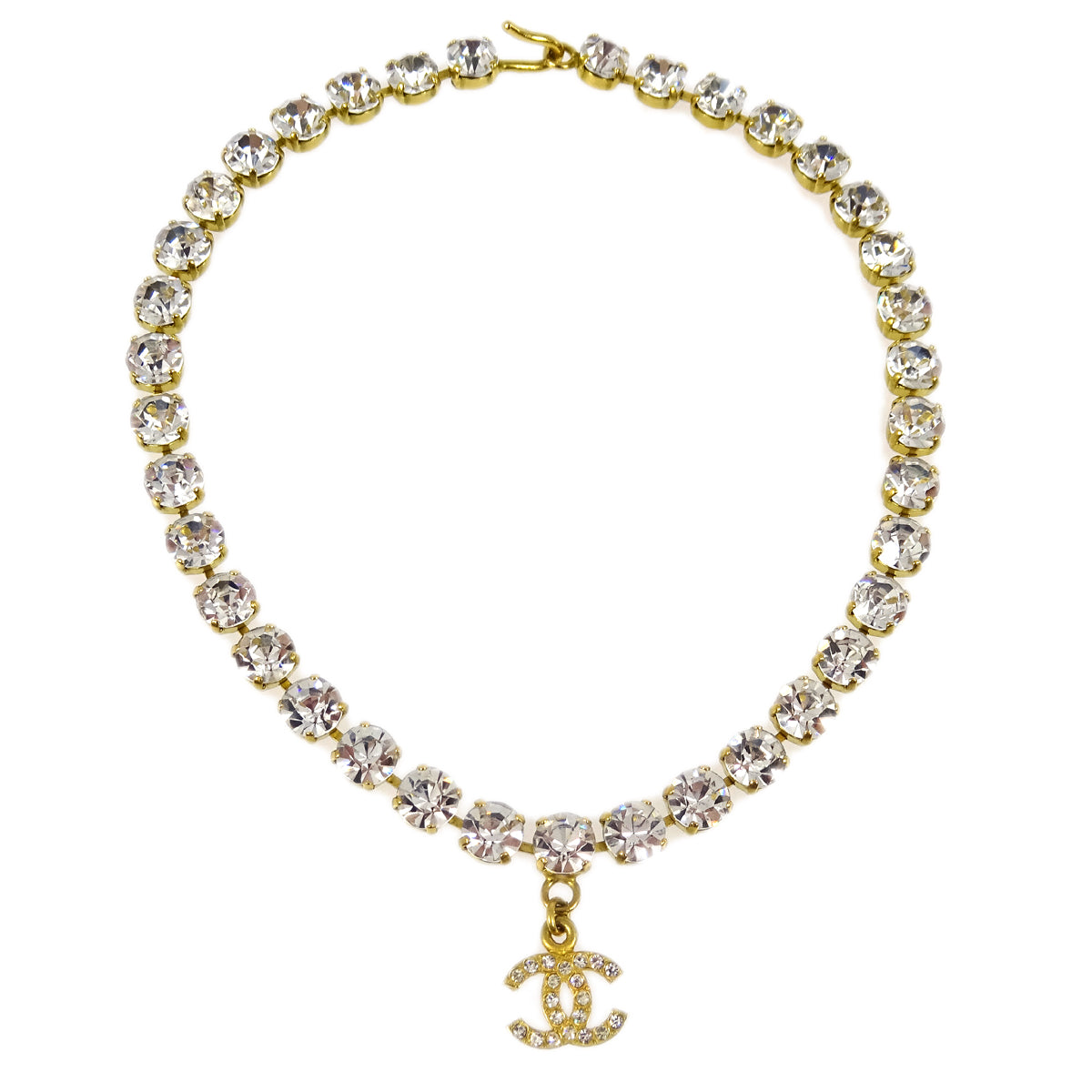 Luxury Chanel CC Chain Pendant Necklace Rhinestone Gold 95P