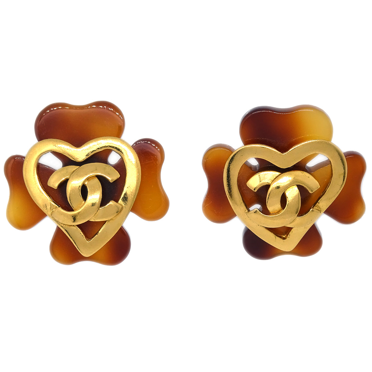 Luxury Chanel Clover Earrings Clip-On Gold 95P