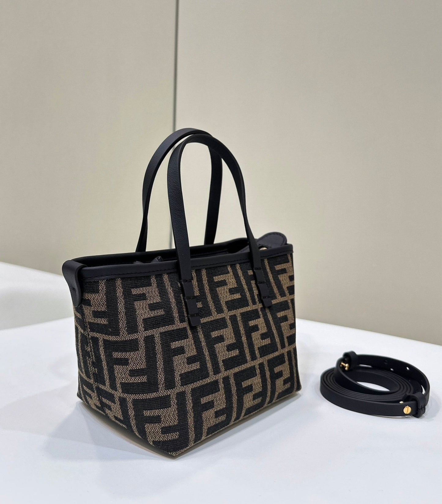 Luxury FendiMINI ROLL BAG 15 BLACK MIX BROWN FF JACQUARD FABRIC