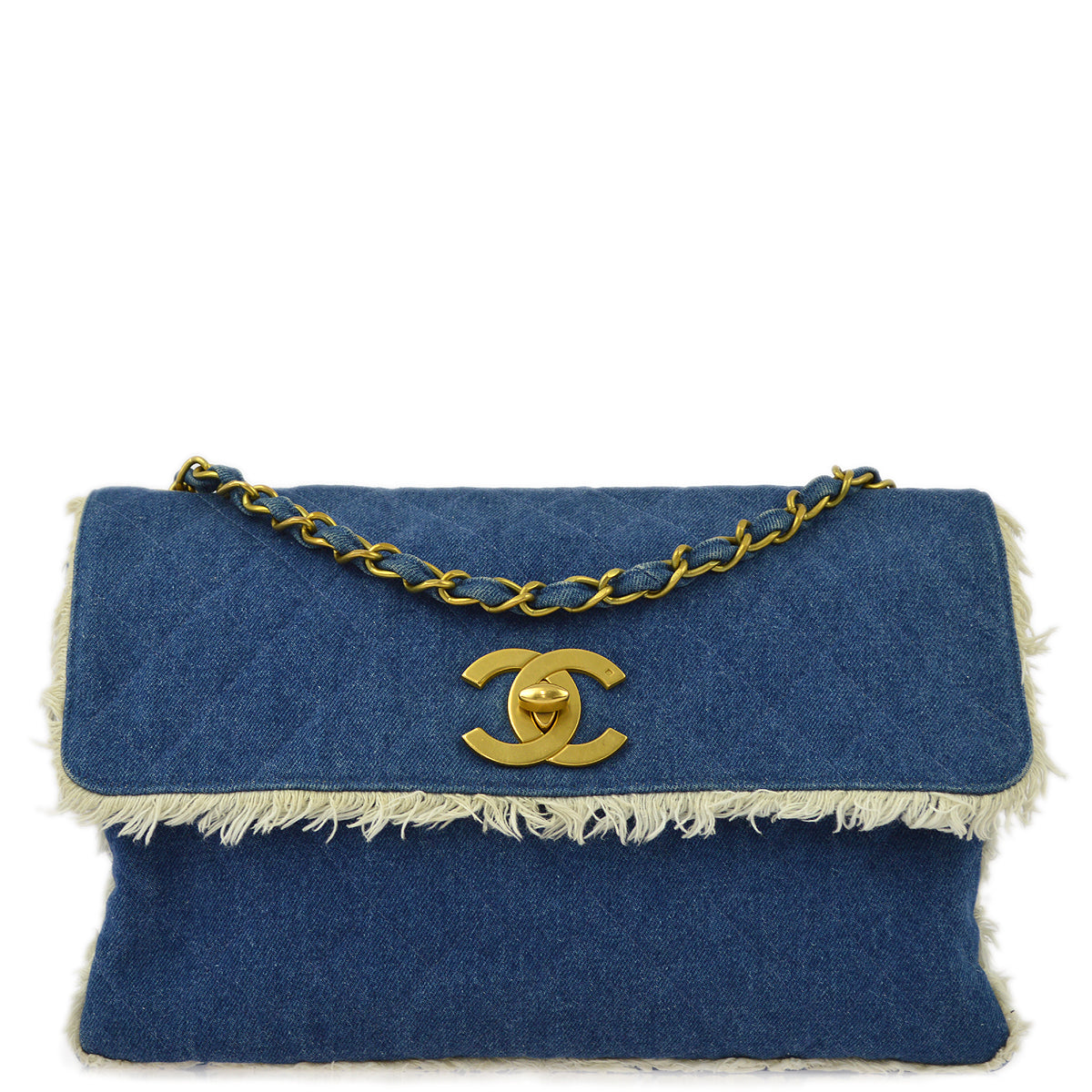 Luxury Chanel 1997-1999 Blue Denim Maxi Straight Flap Bag
