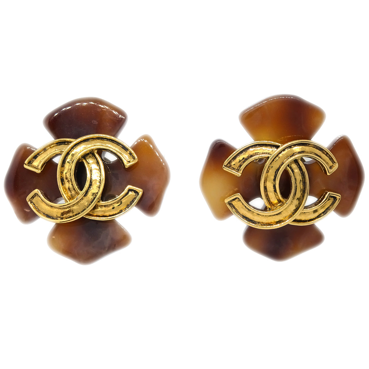 Luxury Chanel Clover Earrings Clip-On Brown 94P