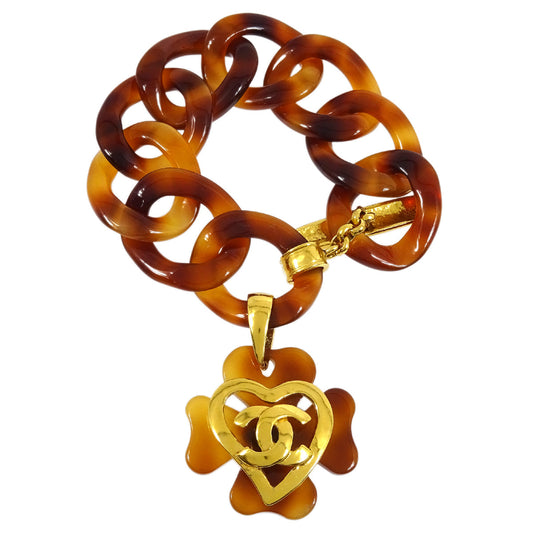 Luxury Chanel Heart Clover Chain Bracelet Brown 95P