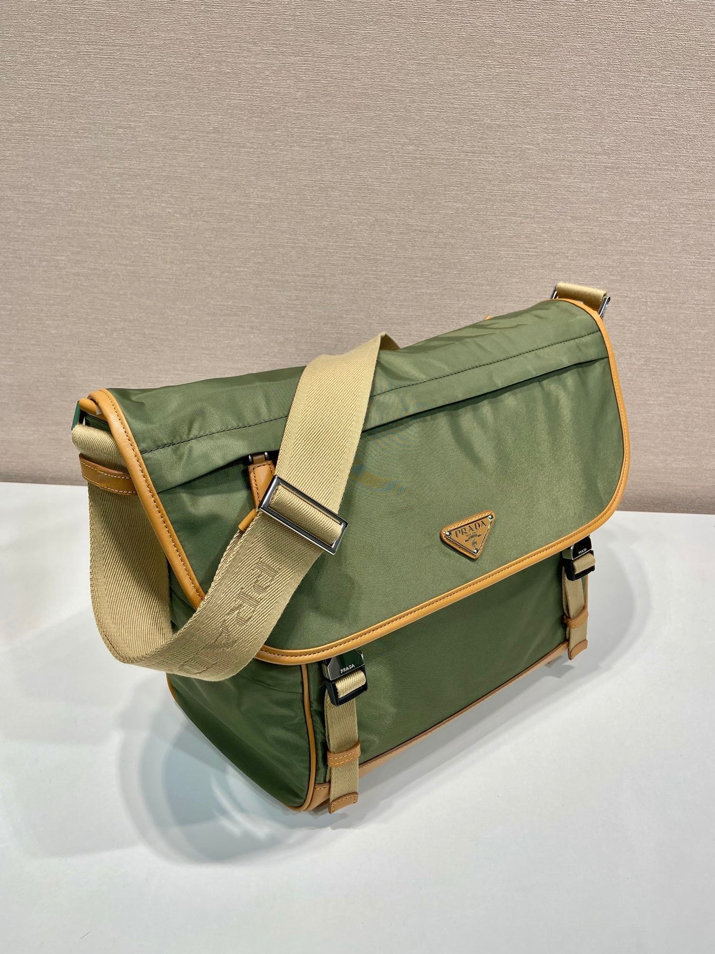 Luxury PradaLARGE FLAP BAG 30 IN SEAWEED GREEN RE-NYLON AND BROWN CALFSKIN TRIM