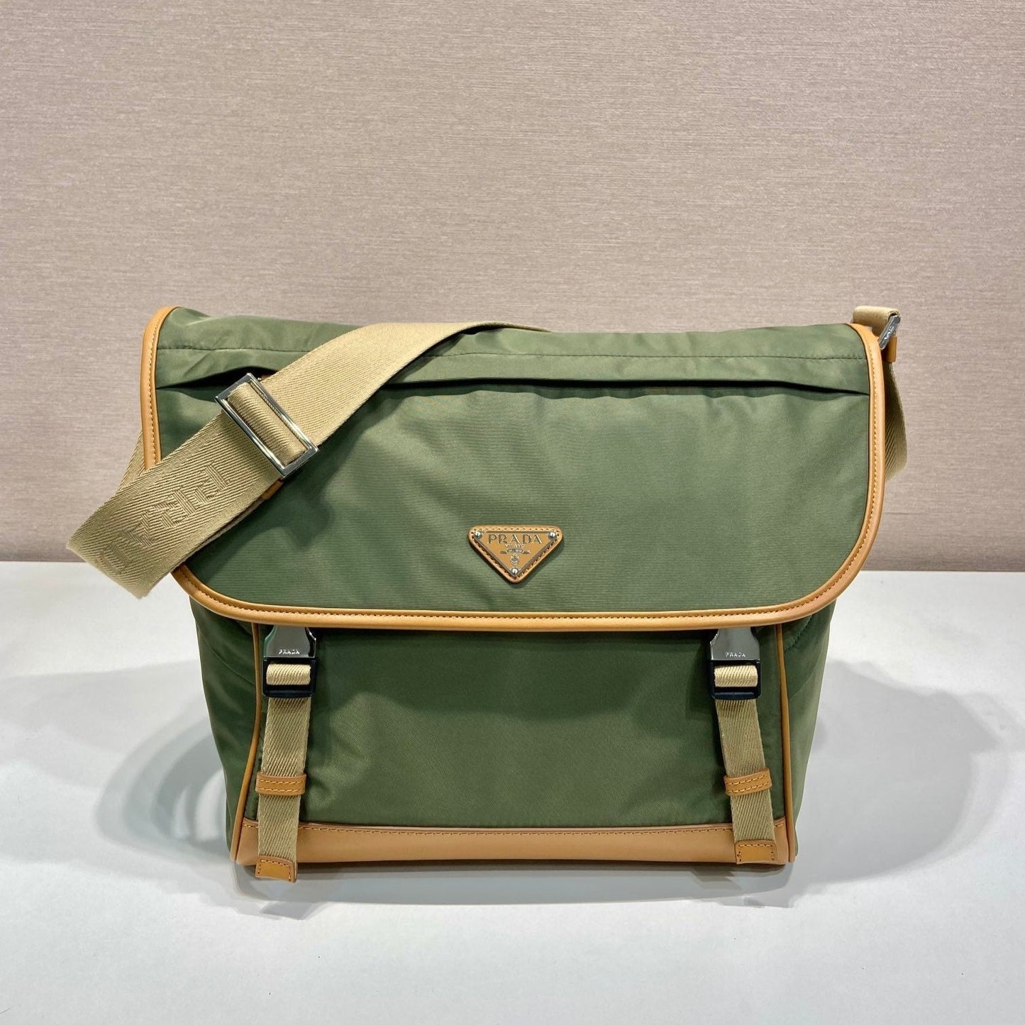 Luxury PradaLARGE FLAP BAG 30 IN SEAWEED GREEN RE-NYLON AND BROWN CALFSKIN TRIM