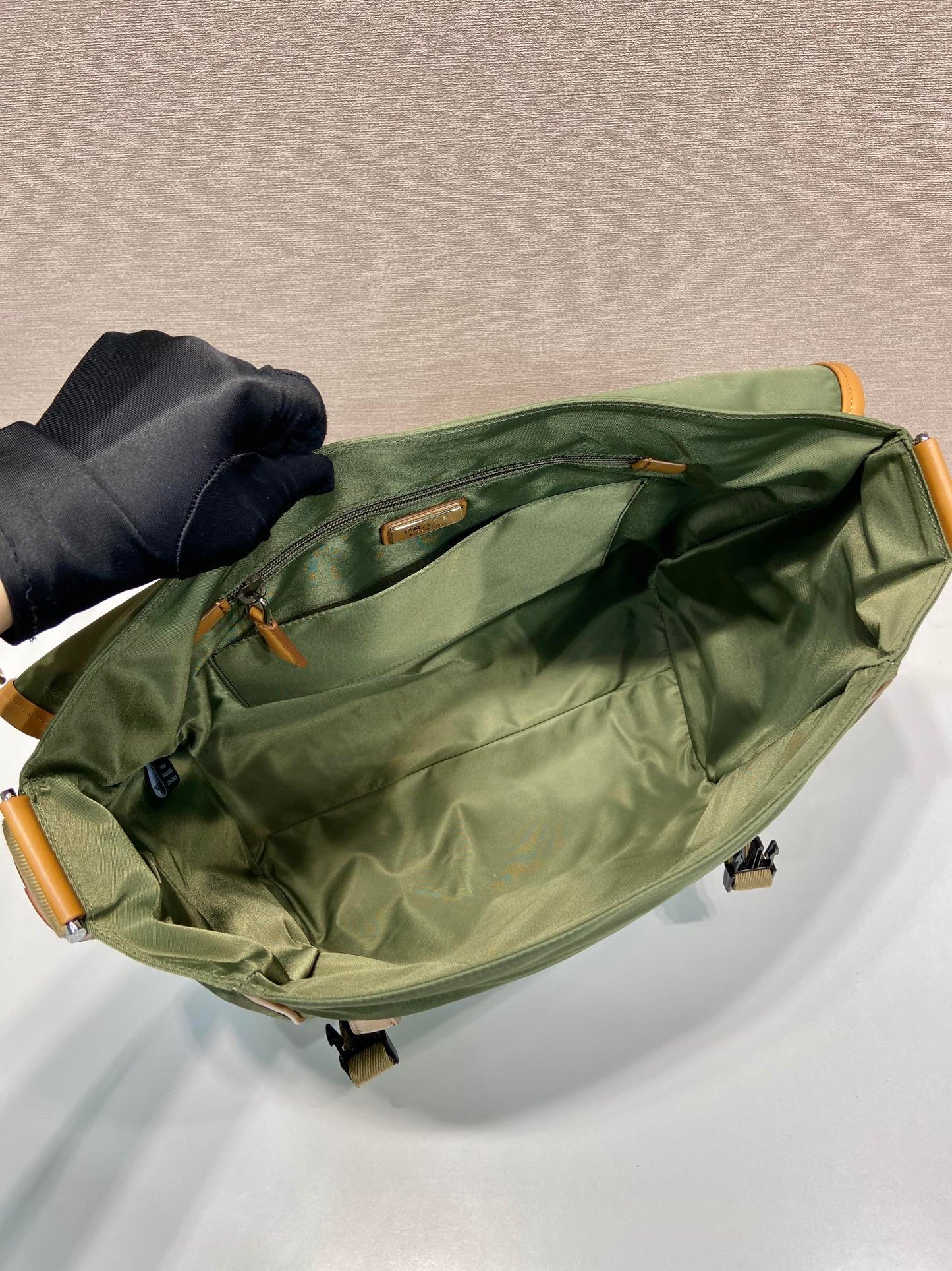 Luxury PradaLARGE FLAP BAG 30 IN SEAWEED GREEN RE-NYLON AND BROWN CALFSKIN TRIM