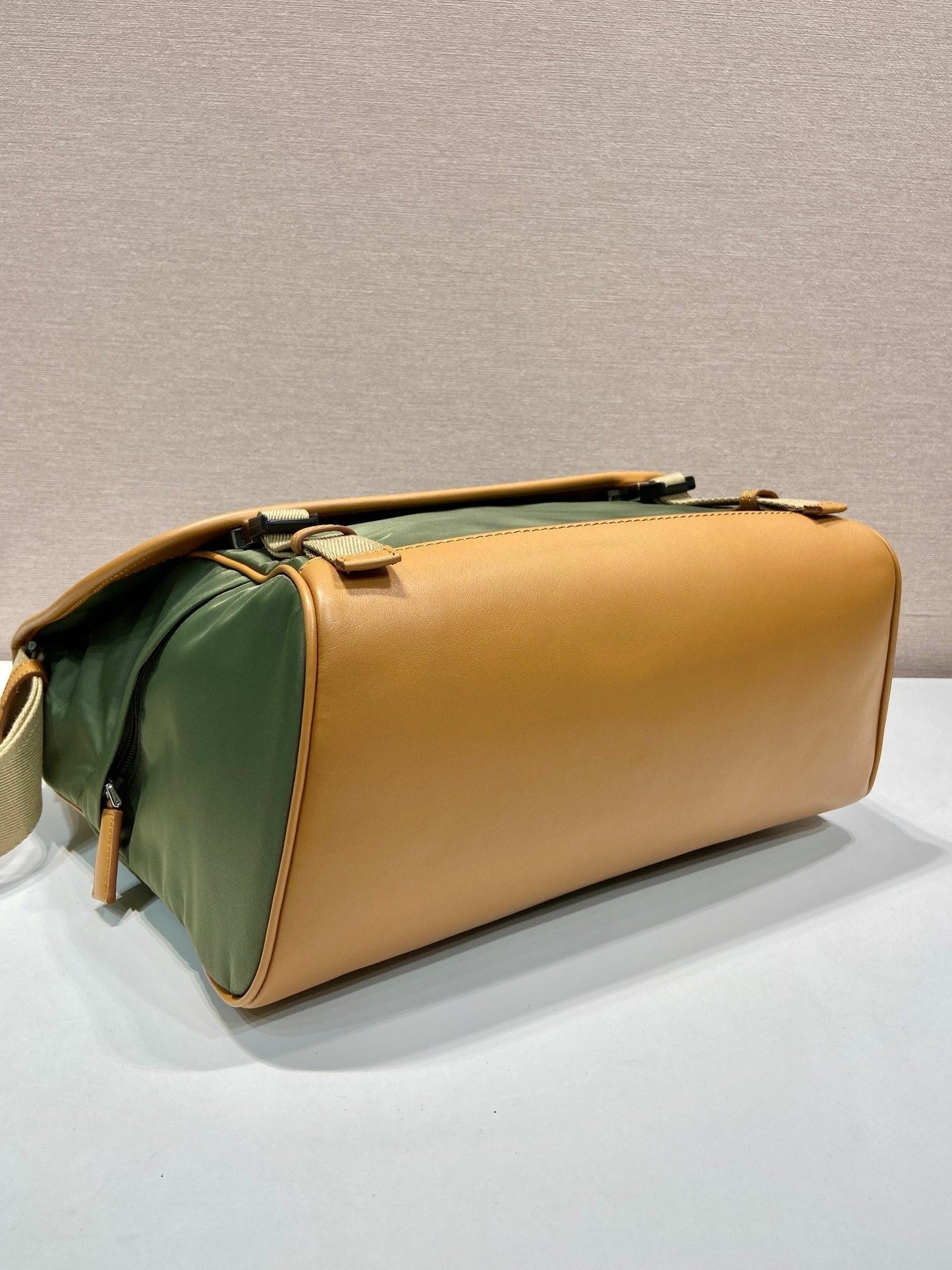 Luxury PradaLARGE FLAP BAG 30 IN SEAWEED GREEN RE-NYLON AND BROWN CALFSKIN TRIM