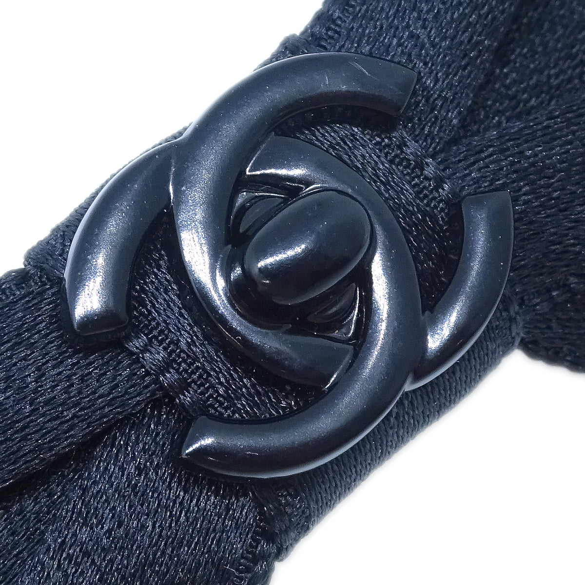Luxury Chanel Turnlock Bow Satin Hair Barrette Black