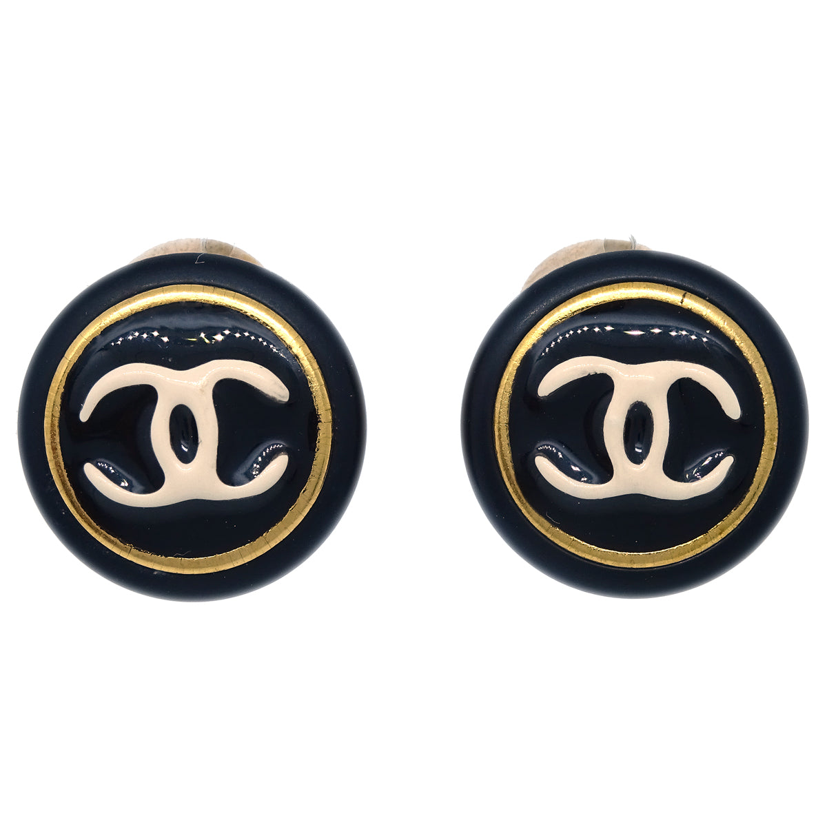 Luxury Chanel Button Earrings Clip-On Black Gold 95A