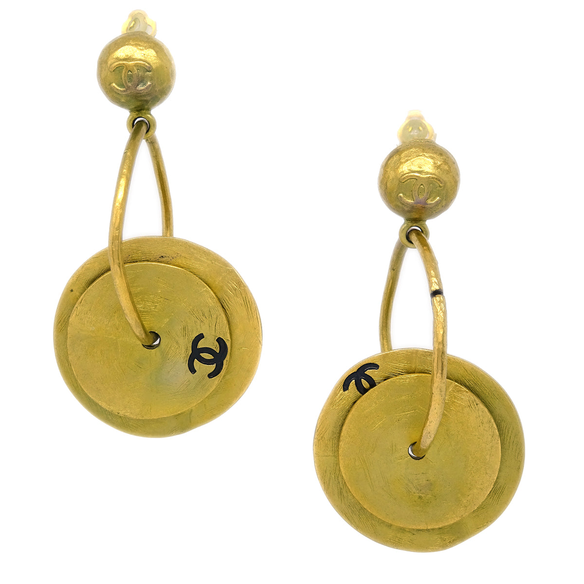 Luxury Chanel Dangle Hoop Earrings Clip-On Gold 94A