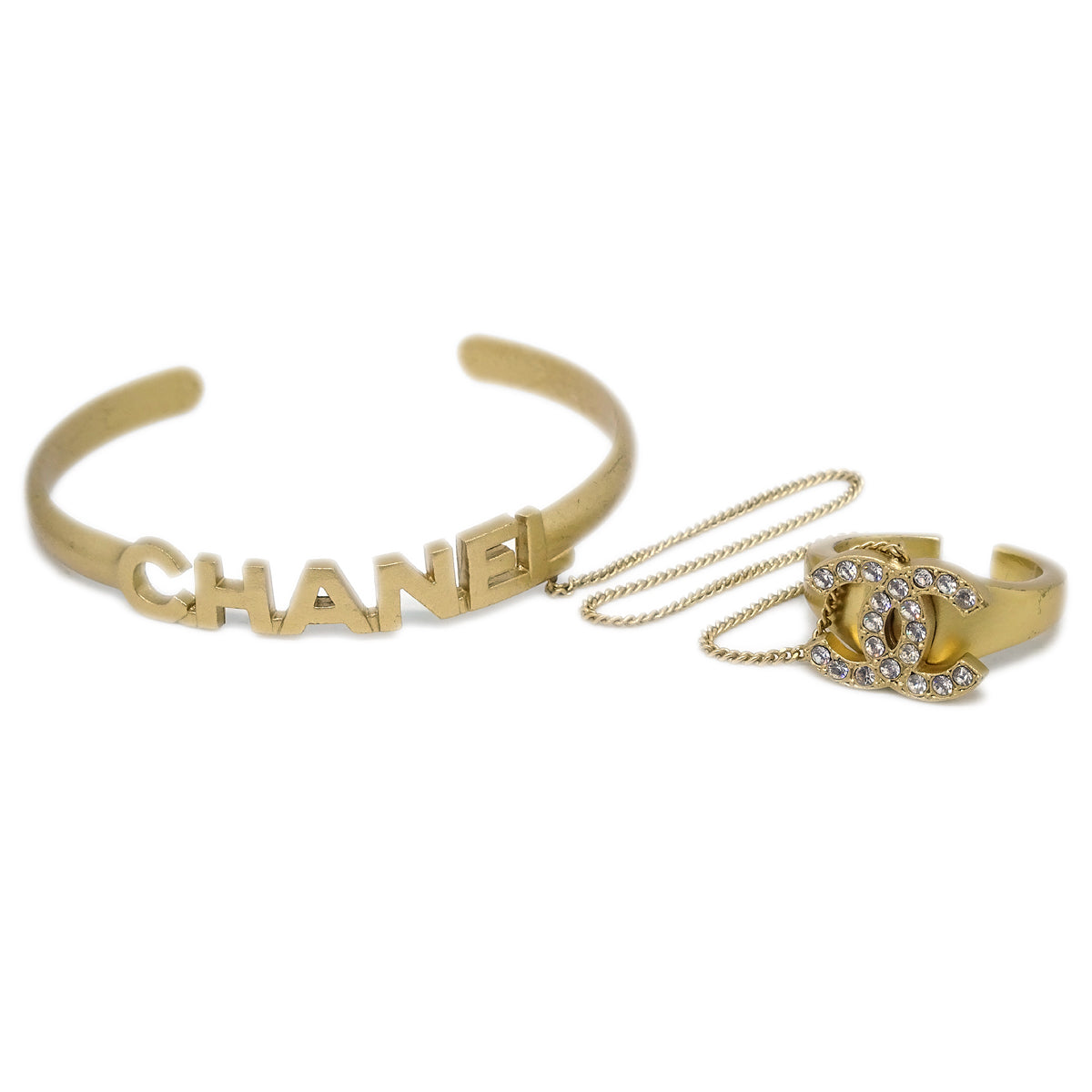 Luxury Chanel Rhinestone Bangle Chain Ring Gold #52 #12 01C