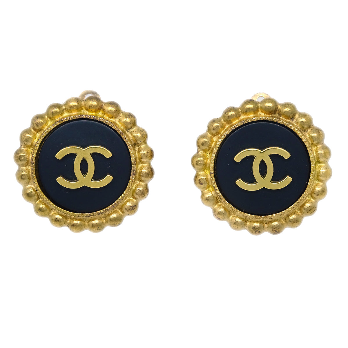 Luxury Chanel Gold Black Button Earrings Clip-On 95P