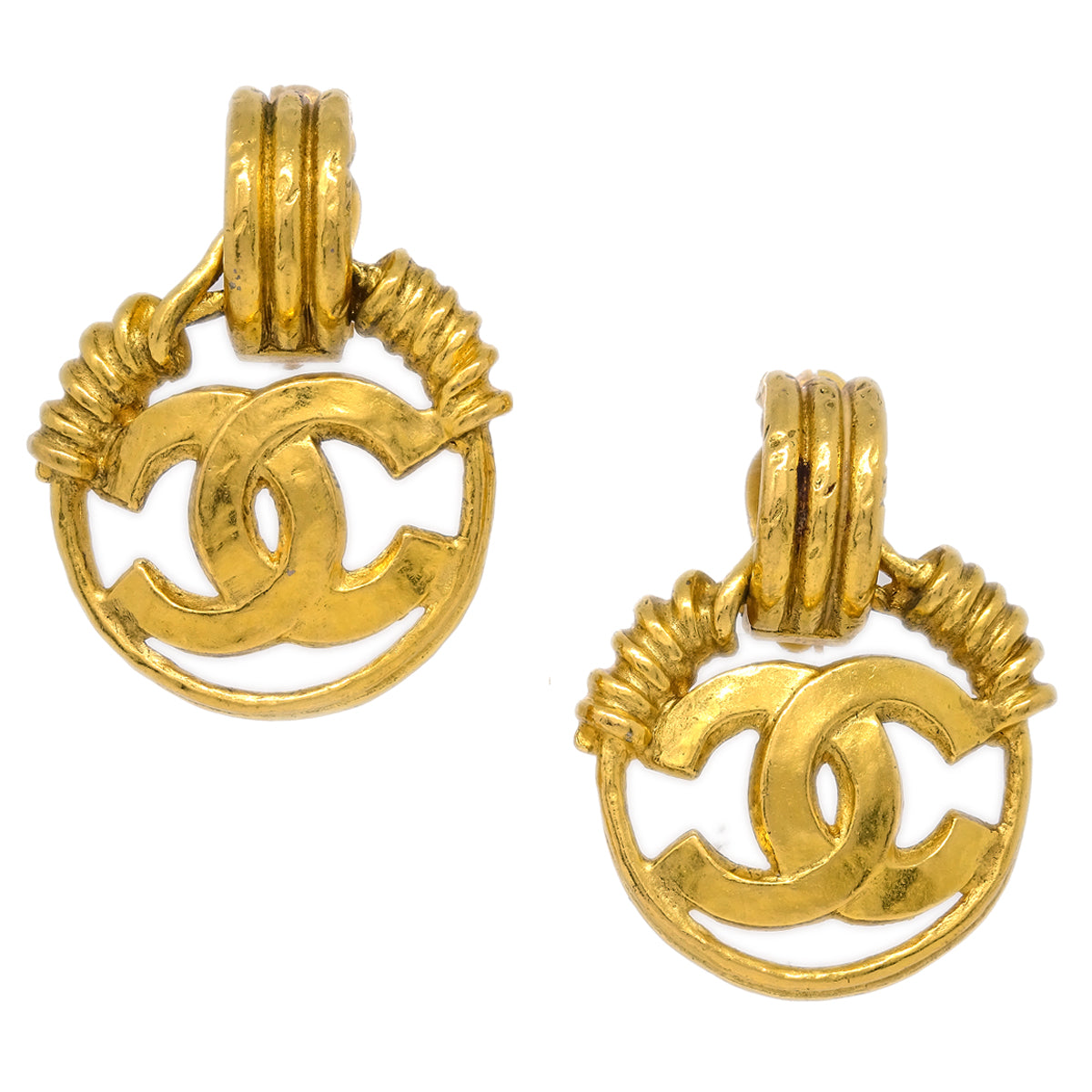 Luxury Chanel Hoop Dangle Earrings Gold Clip-On 94P