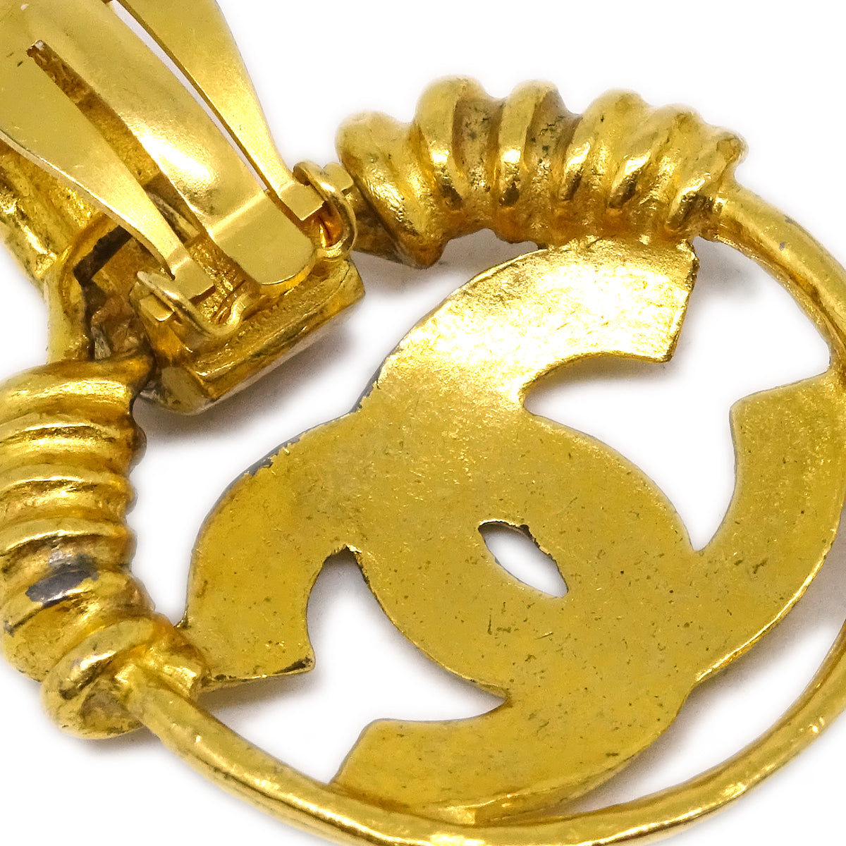 Luxury Chanel Hoop Dangle Earrings Gold Clip-On 94P