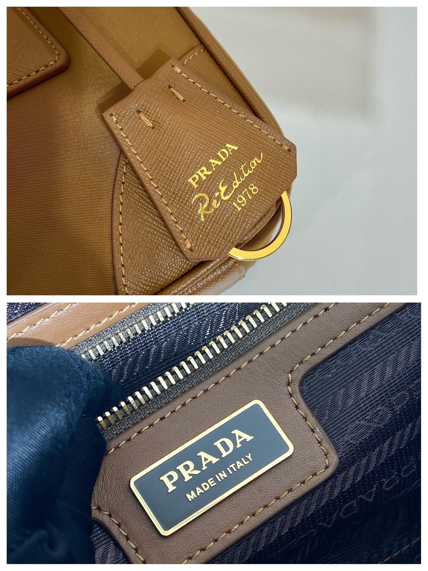Luxury PradaSMALL TOP HANDLE BAG 25 IN GOLDEN BROWN NYLON AND CALFSKIN TRIM