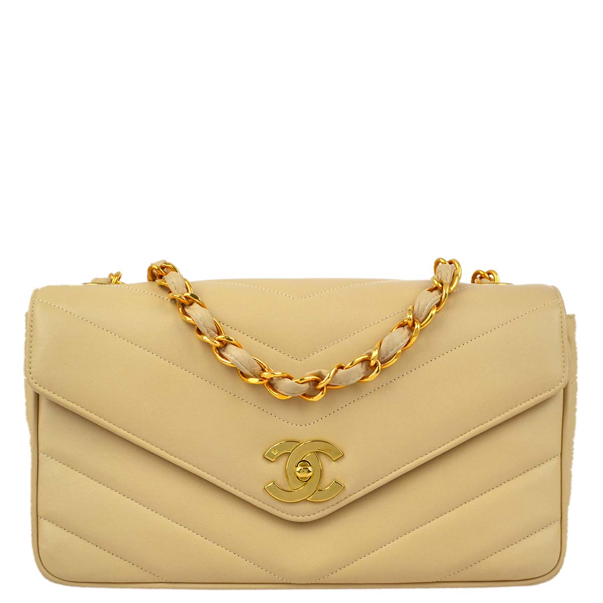 Luxury Chanel 1994-1996 Beige Lambskin Chevron Shoulder Bag