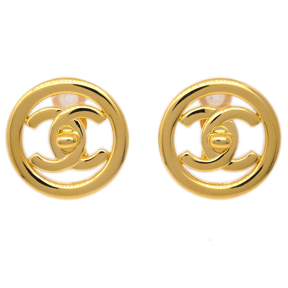 Luxury Chanel CC Turnlock Button Earrings Gold Clip-On 97P