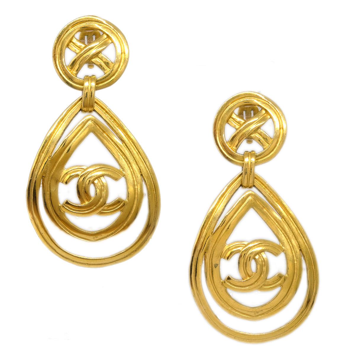 Luxury Chanel Dangle Hoop Earrings Clip-On Gold 96P