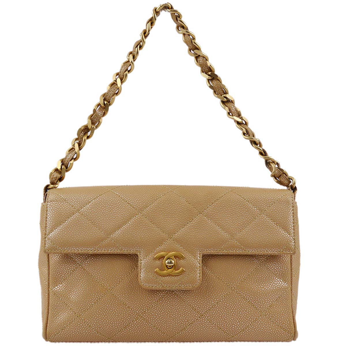 Luxury Chanel 2000-2001 Beige Caviar Chain Shoulder Bag 25