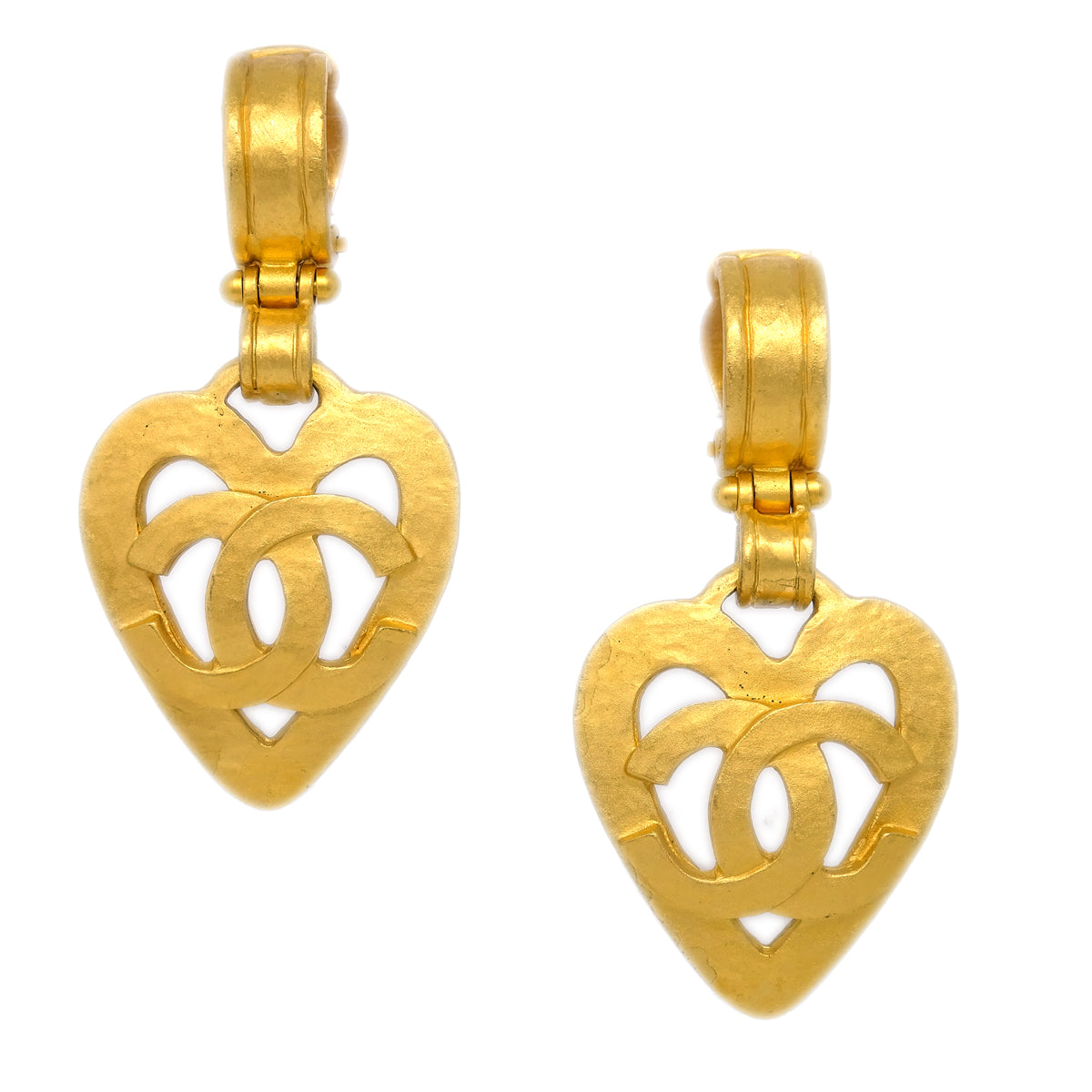 Luxury Chanel Dangle Heart Earrings Gold Clip-On 95P