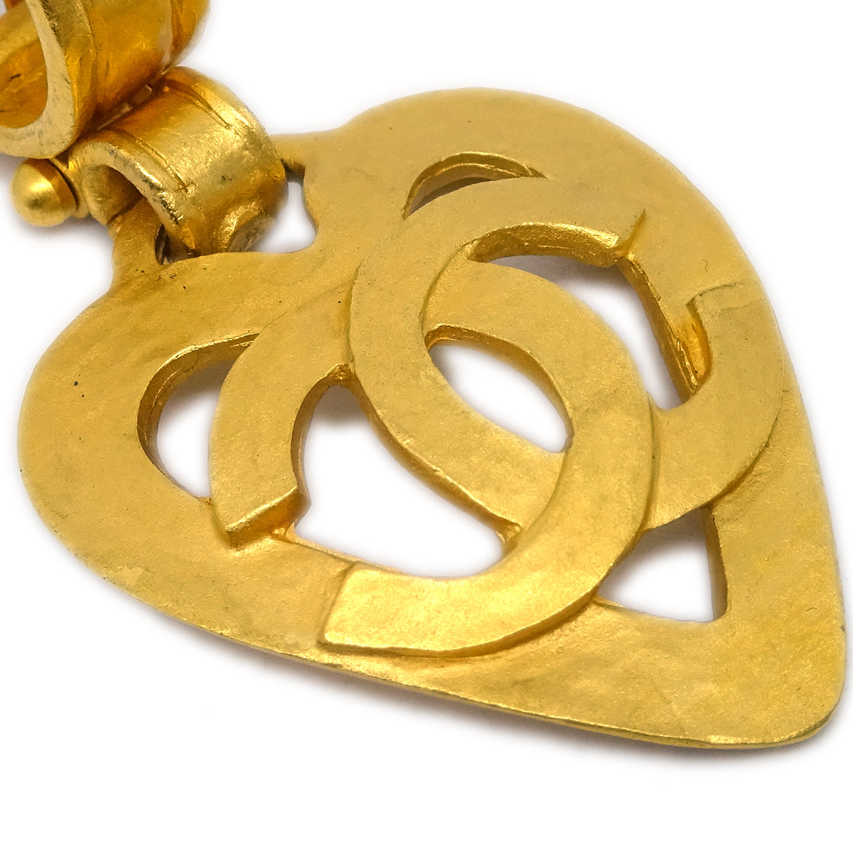 Luxury Chanel Dangle Heart Earrings Gold Clip-On 95P