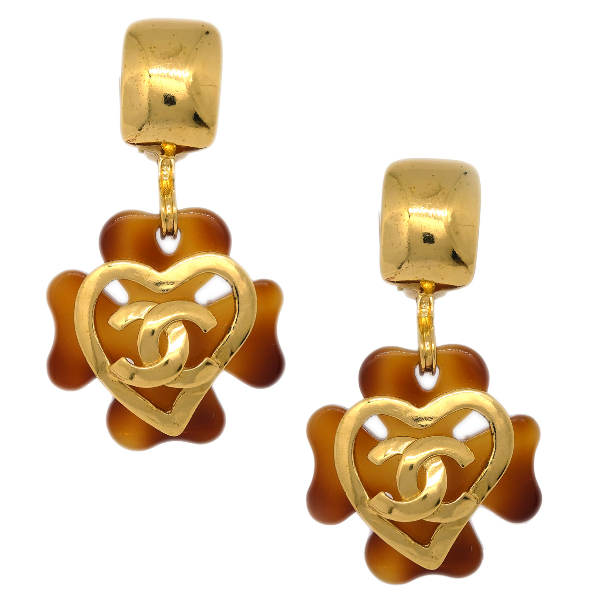 Luxury Chanel Clover Dangle Earrings Gold Clip-On 95P