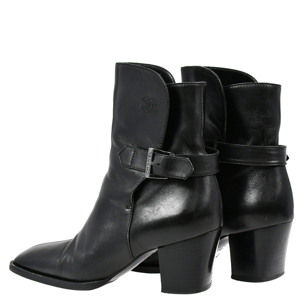 Luxury Chanel * Black Leather Short Boots Shoes #36 1/2