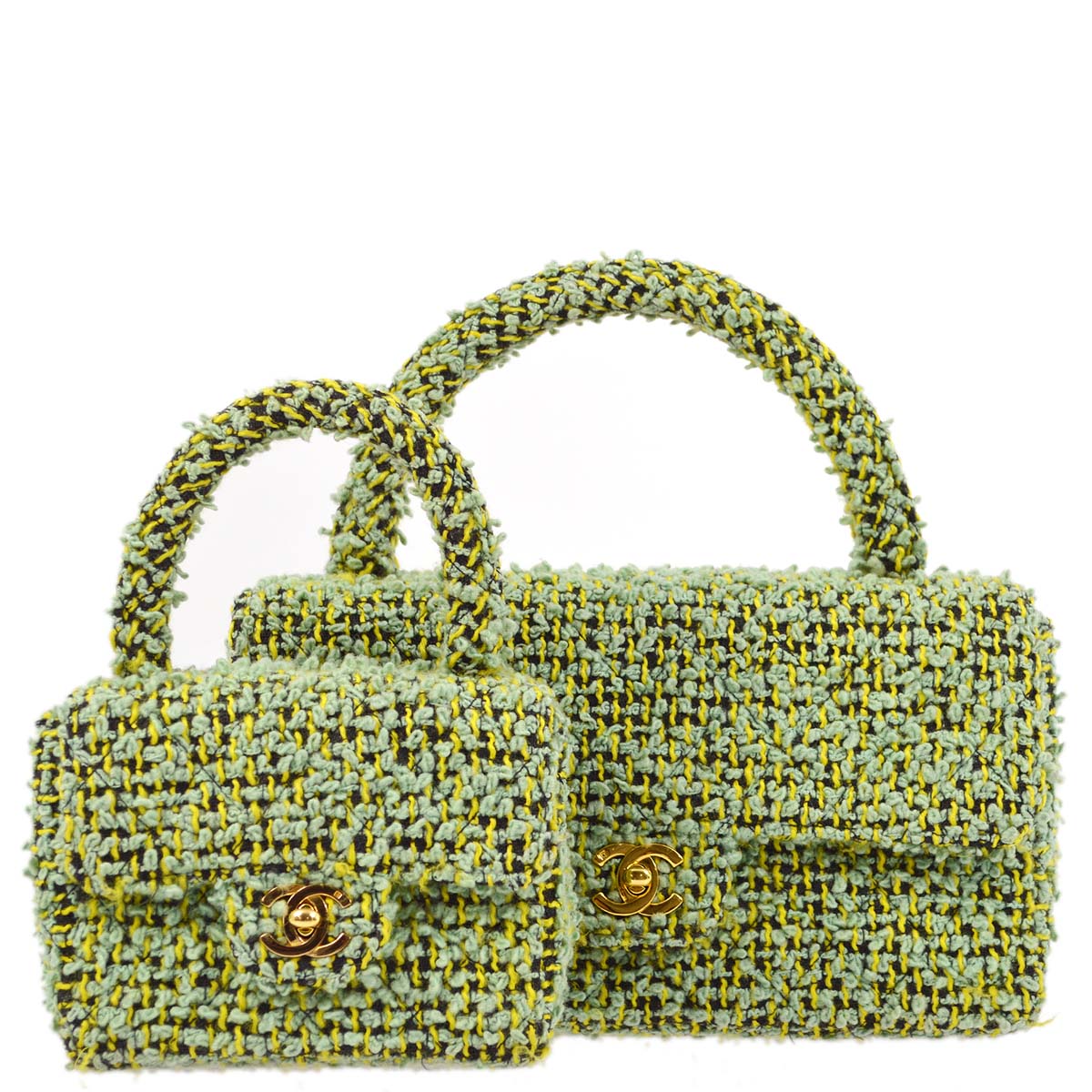 Luxury Chanel 1994-1996 Green Tweed Classic Single Flap 2 in 1 Handbag Set