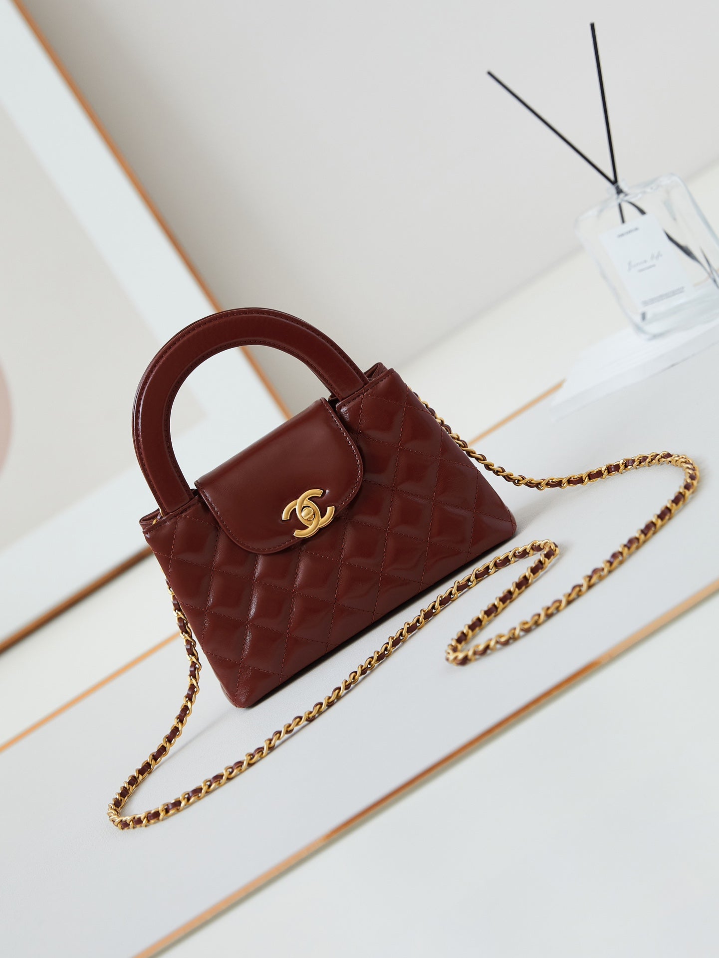 Luxury Chanel 24a nano 19cm kelly shopper bag burgundy lambskin