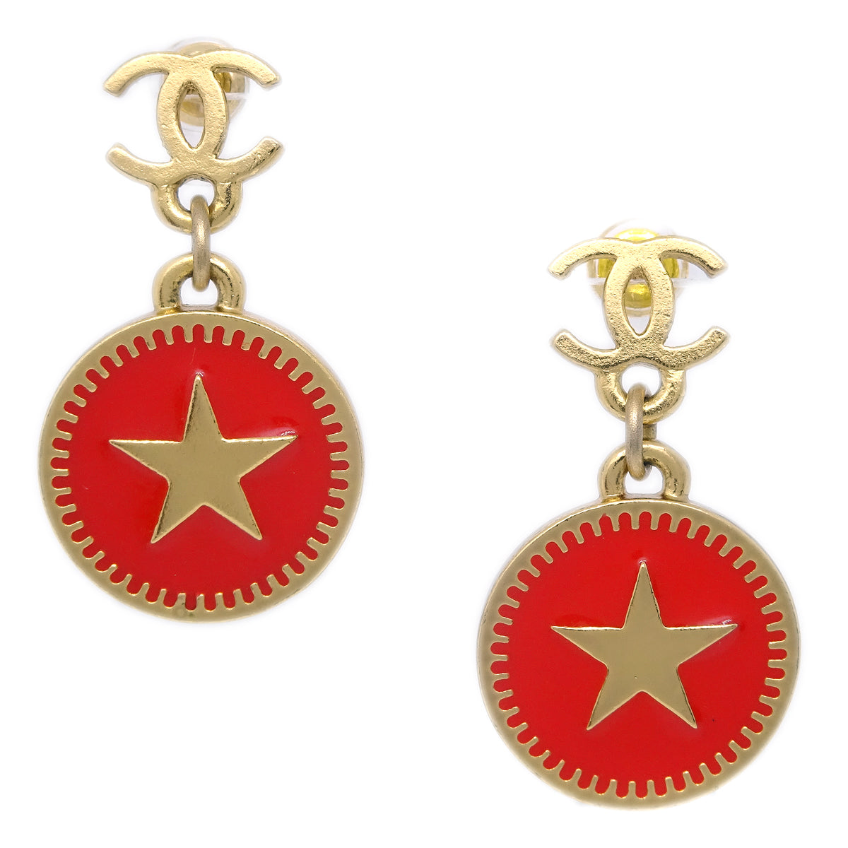 Luxury Chanel Star Dangle Piercing Earrings Red 01P