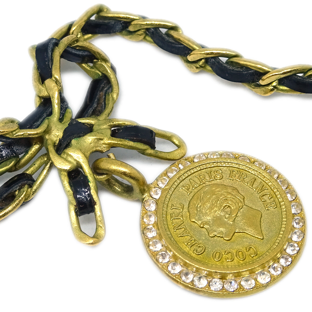 Luxury Chanel Gold Black Bow Medallion Rhinestone Pendant Necklace 95P
