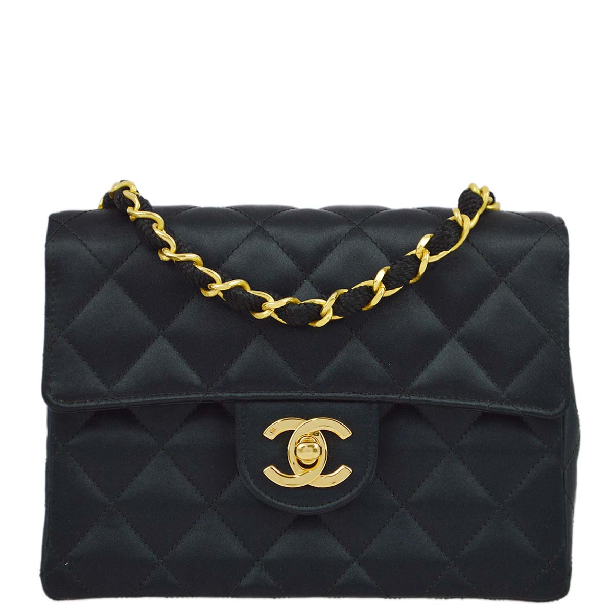 Luxury Chanel 2006-2008 Black Satin Mini Classic Square Flap Shoulder Bag 17