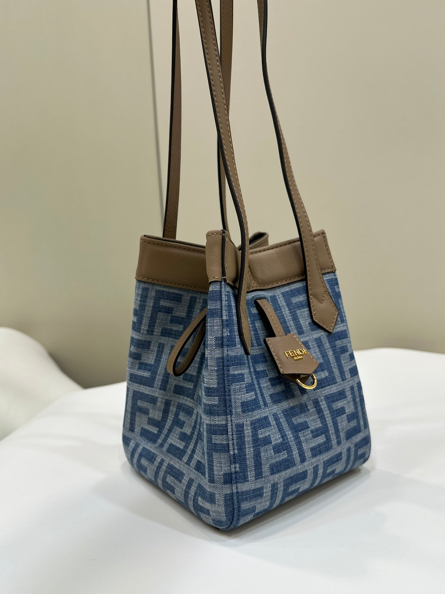 Luxury FendiLuxury FendiORIGAMI MINI 19 IN TRUE BLUE MONOGRAM DENIM WITH CALFSKIN STRAP
