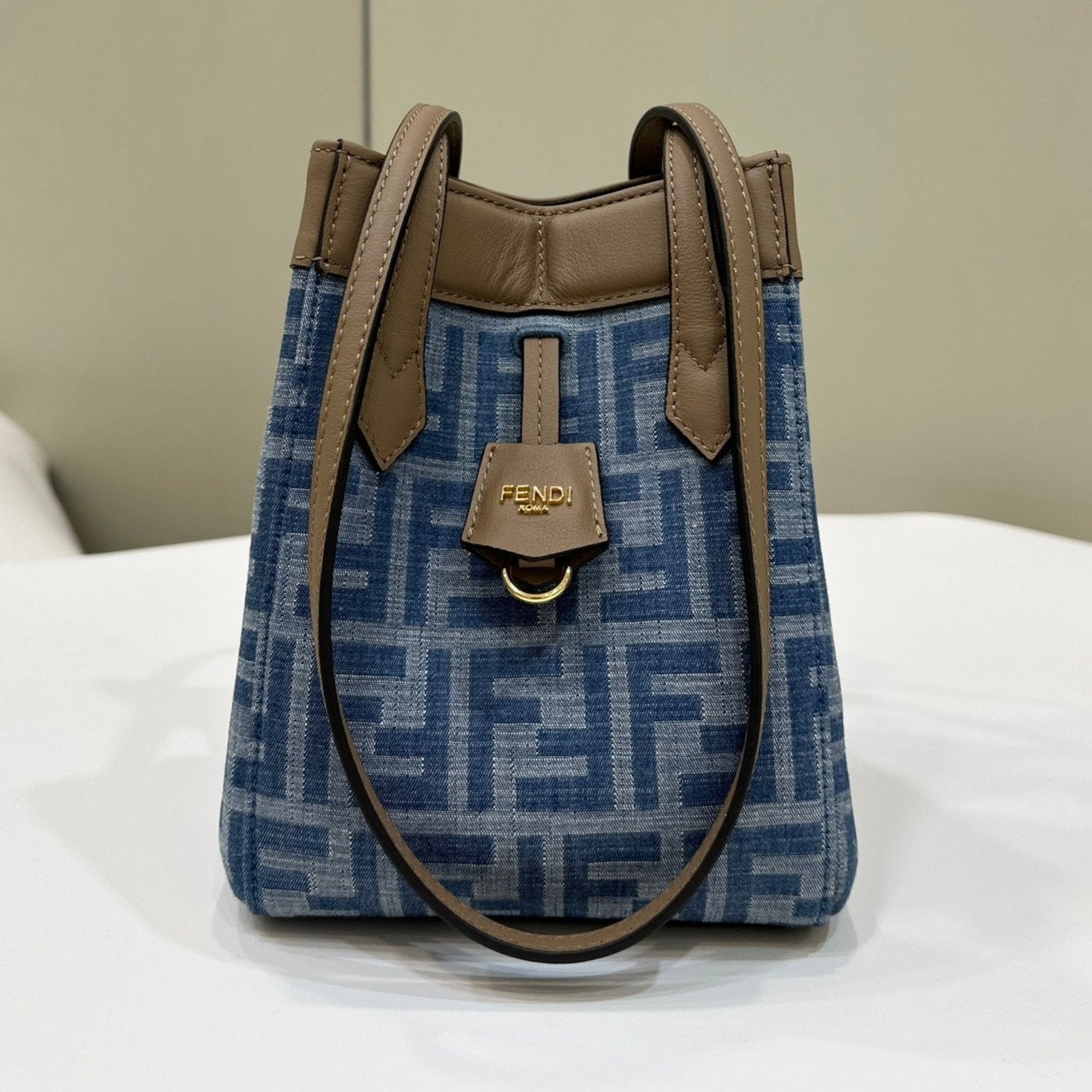 Luxury FendiLuxury FendiORIGAMI MINI 19 IN TRUE BLUE MONOGRAM DENIM WITH CALFSKIN STRAP