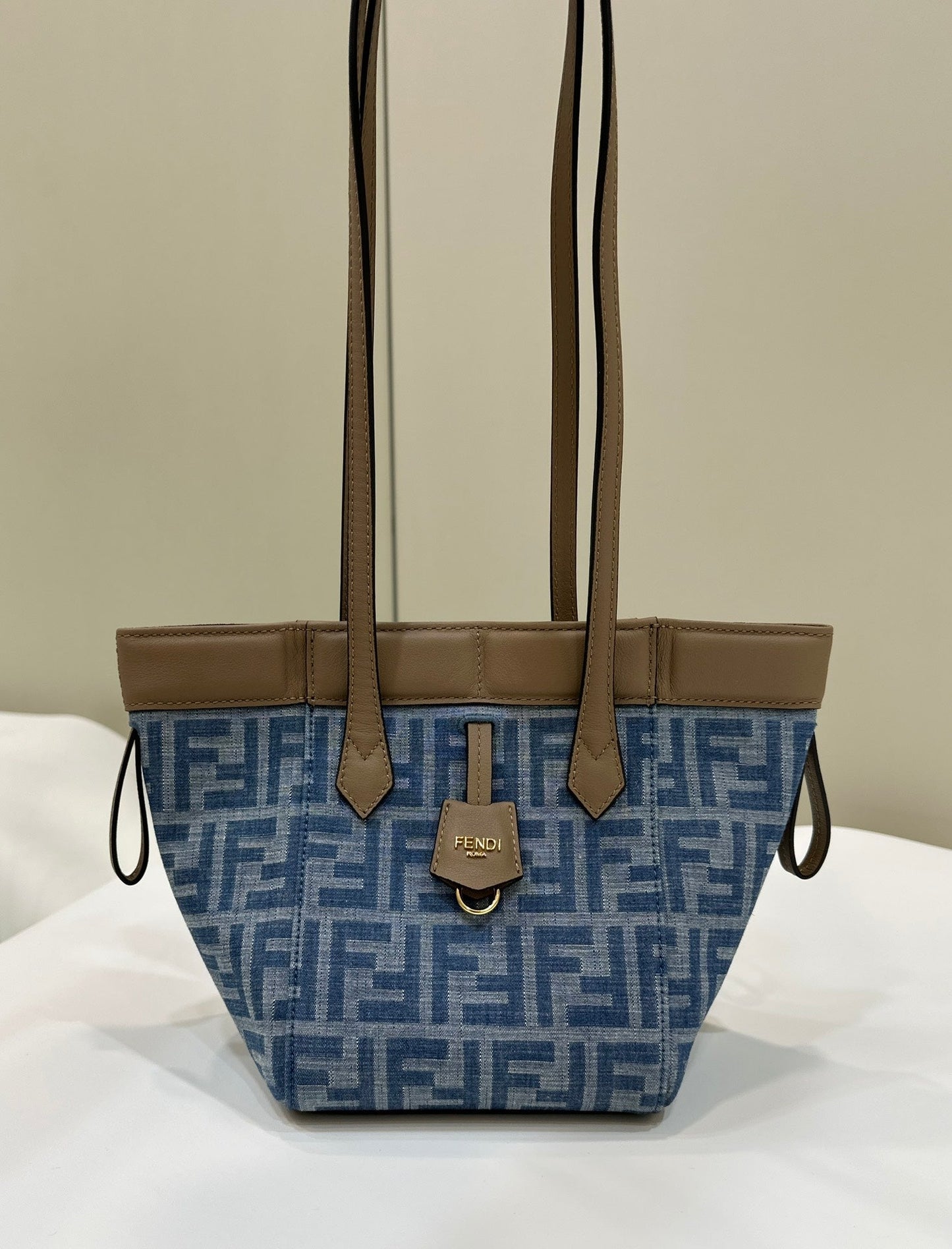 Luxury FendiLuxury FendiORIGAMI MINI 19 IN TRUE BLUE MONOGRAM DENIM WITH CALFSKIN STRAP