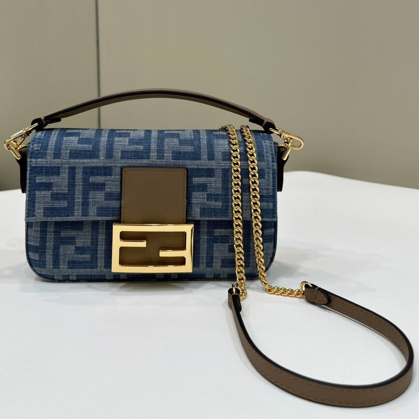 Luxury FendiBAGUETTE MINI 19 BAG IN CERULEAN BLUE MONOGRAM DENIM WITH GOLD HARDWARE