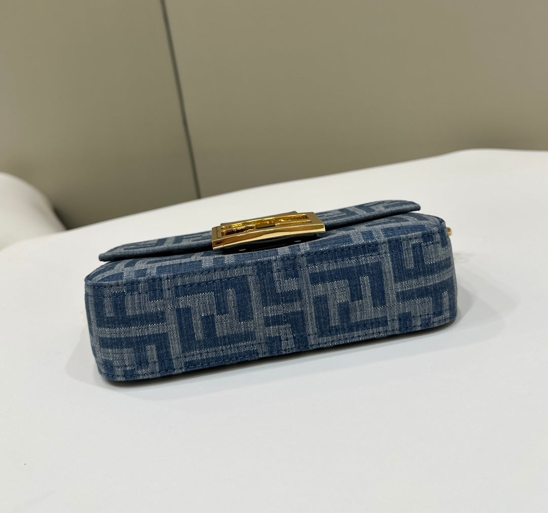 Luxury FendiBAGUETTE MINI 19 BAG IN CERULEAN BLUE MONOGRAM DENIM WITH GOLD HARDWARE
