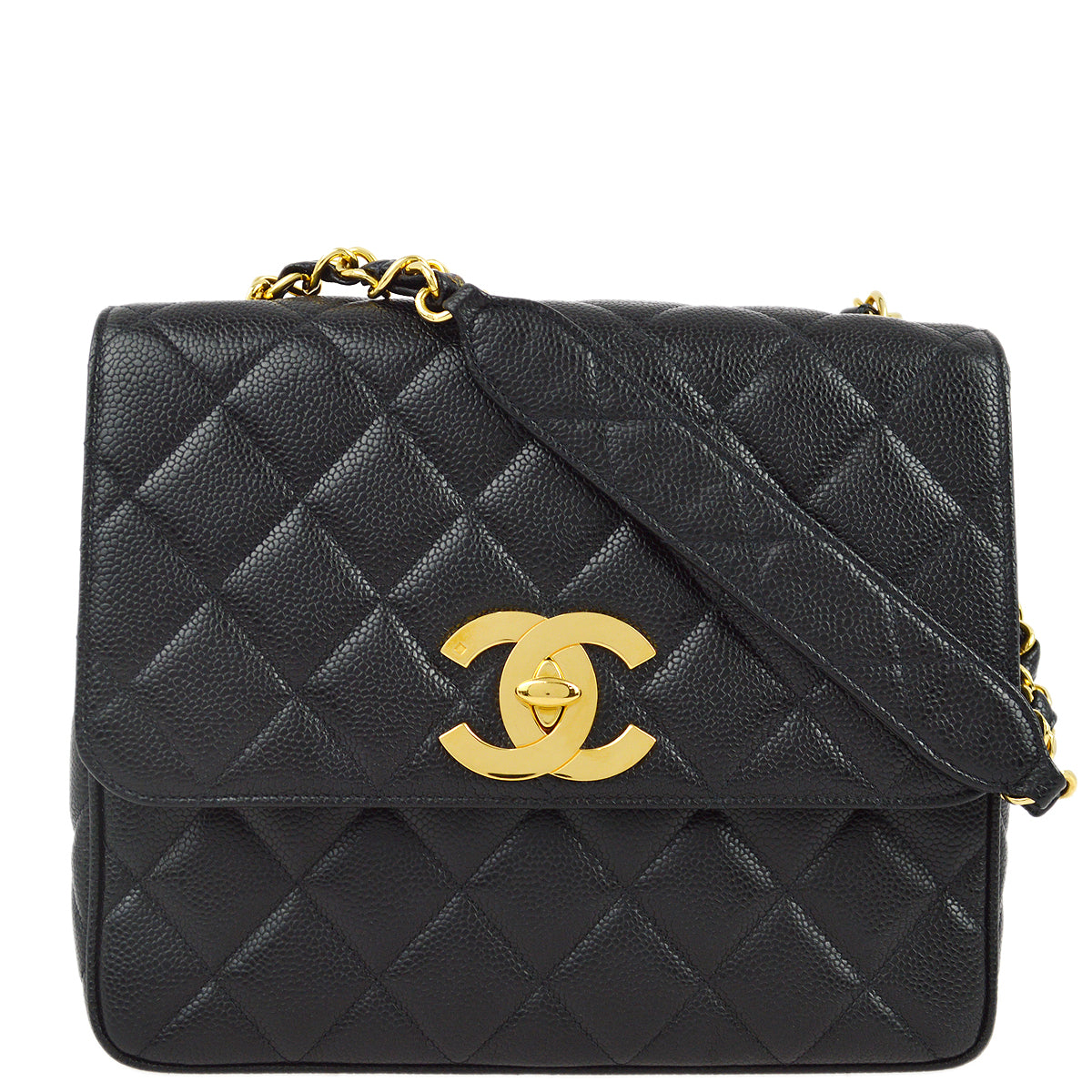 Luxury Chanel 1994-1996 Black Caviar Straight Flap Chain Shoulder Bag