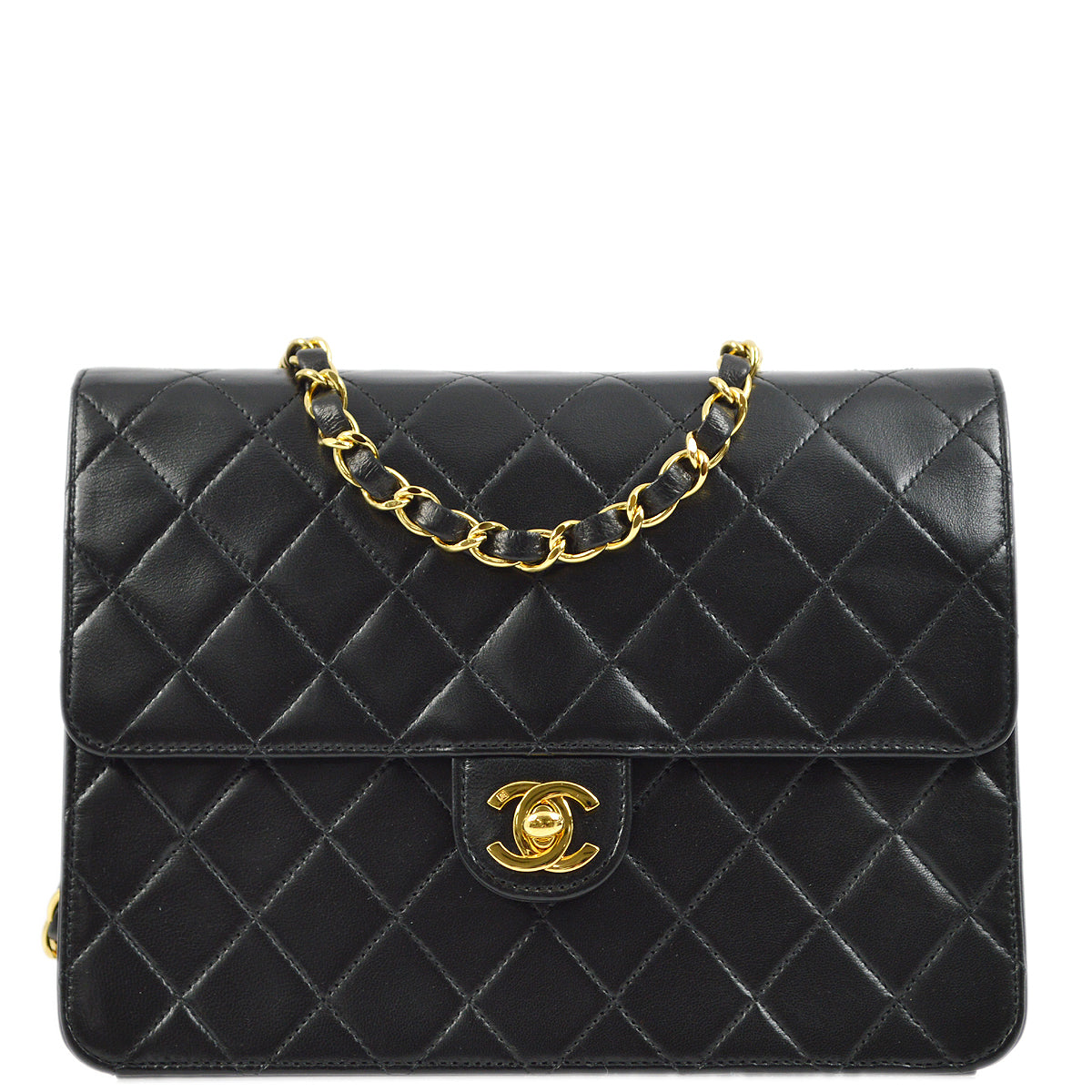 Luxury Chanel 2000-2001 Black Lambskin Pushlock Small Half Flap Shoulder Bag