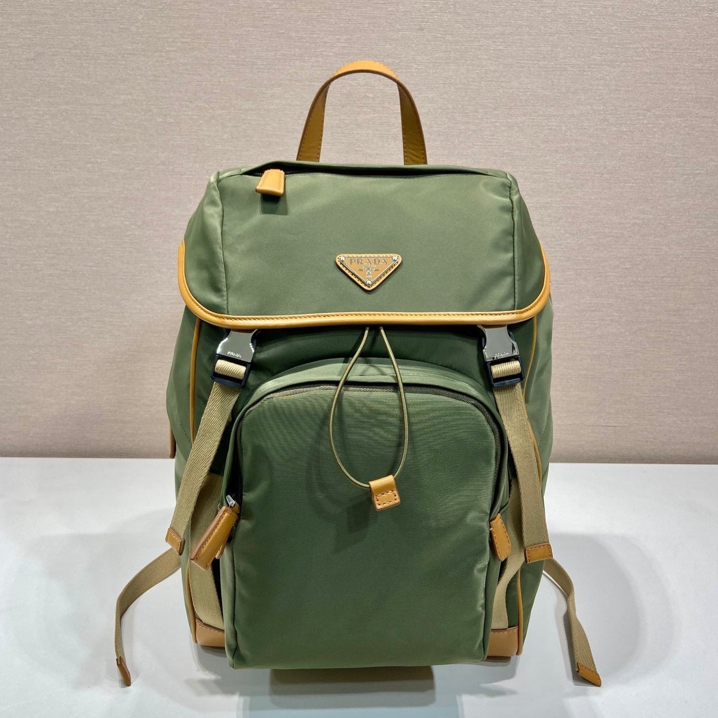 Luxury PradaBACKPACK 45 IN SEAWEED GREEN RE-NYLON AND BROWN CALFSKIN TRIM