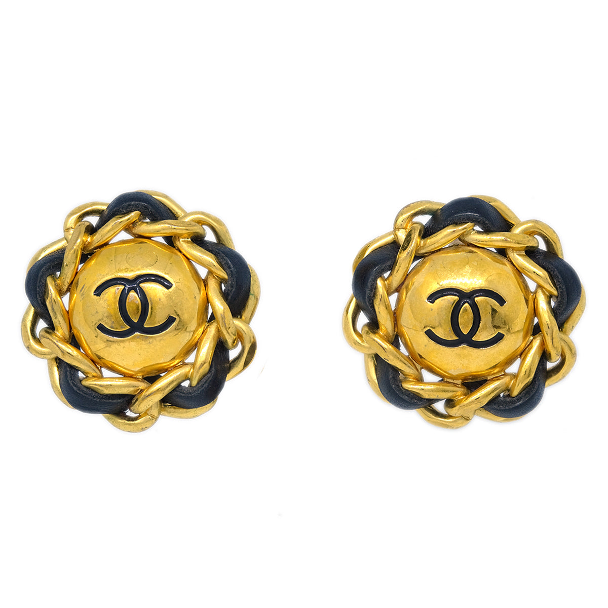 Luxury Chanel Gold Black Button Earrings Clip-On 93P