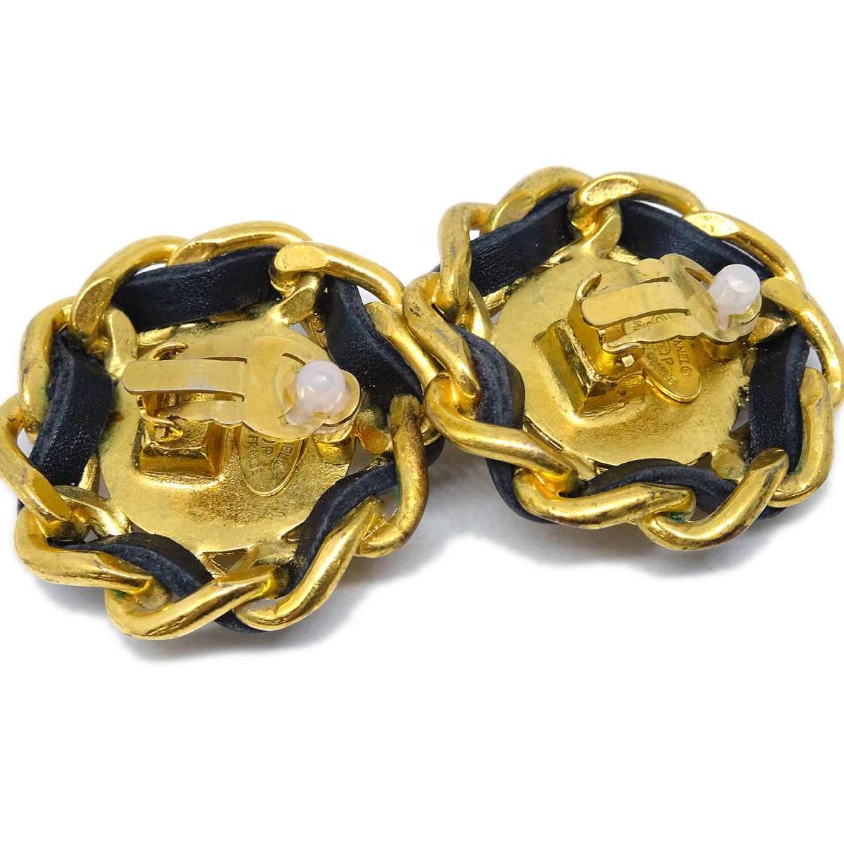 Luxury Chanel Gold Black Button Earrings Clip-On 93P