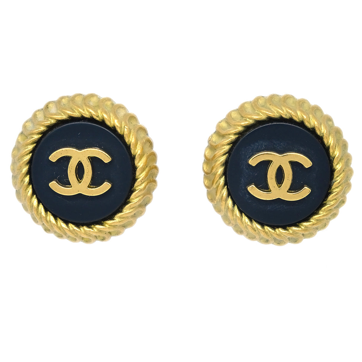 Luxury Chanel Gold Black Button Earrings Clip-On 95C