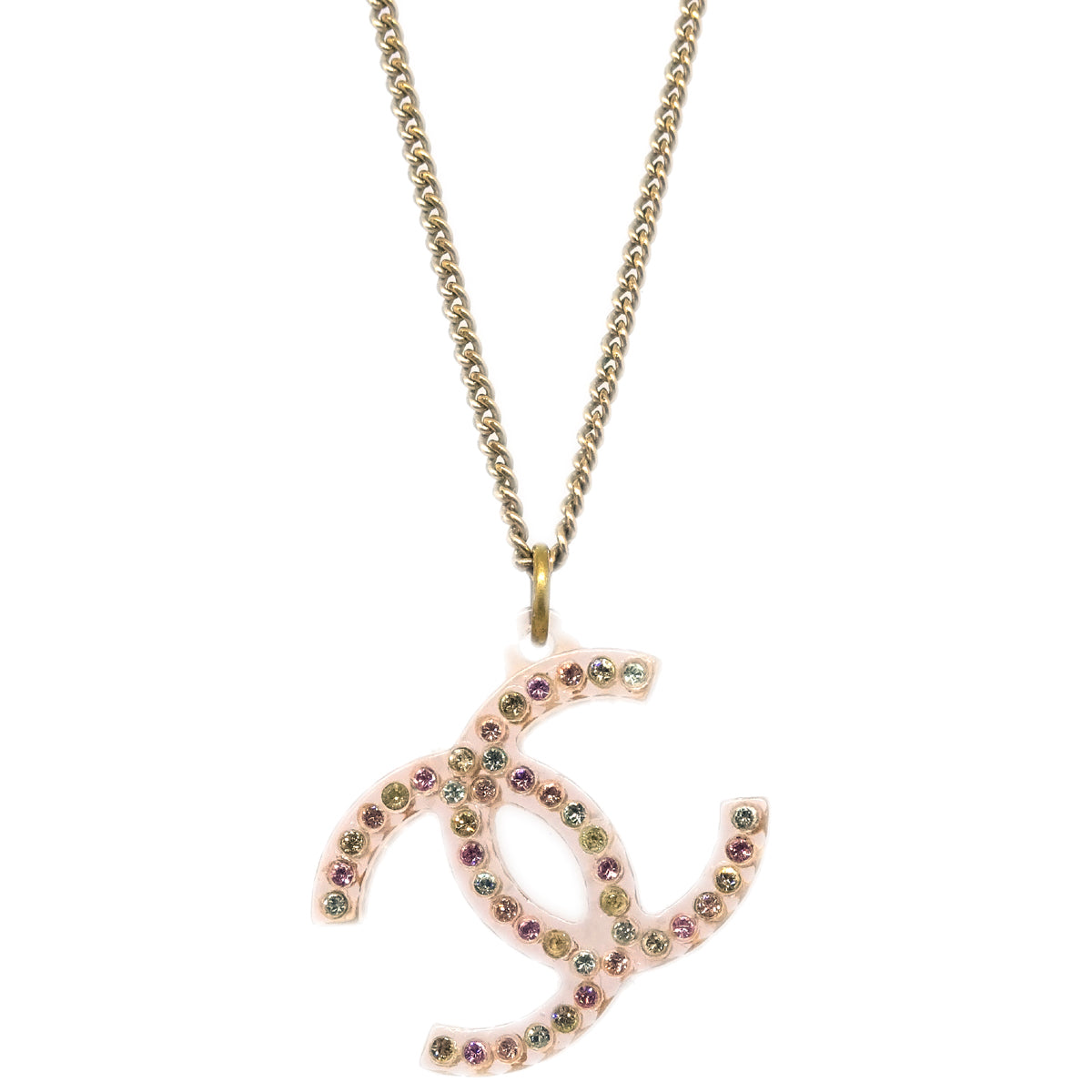 Luxury Chanel CC Chain Pendant Necklace Rhinestone Gold 04A